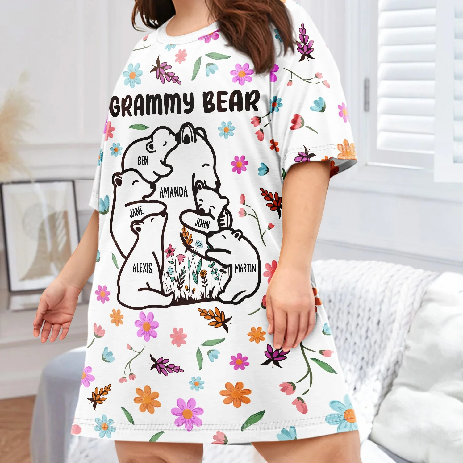 Mama Bear Floral Style - Birthday, Loving Gift For Mom, Mother, Grandma, Grandmother - Personalized Women's Sleep Tee - Image 3