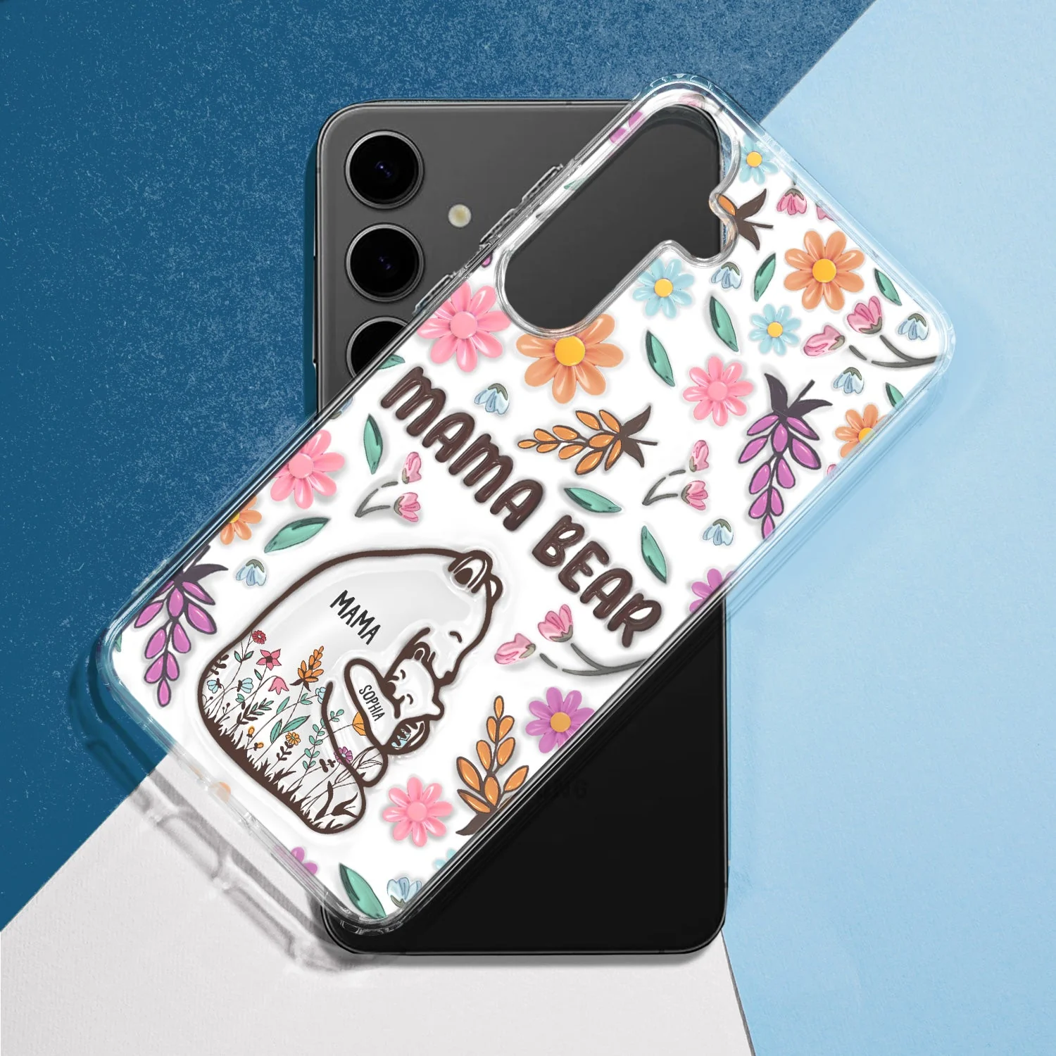 Mama Bear Floral Style Version 2 - 3D Inflated Effect Printed, Personalized Clear Phone Case - Image 3