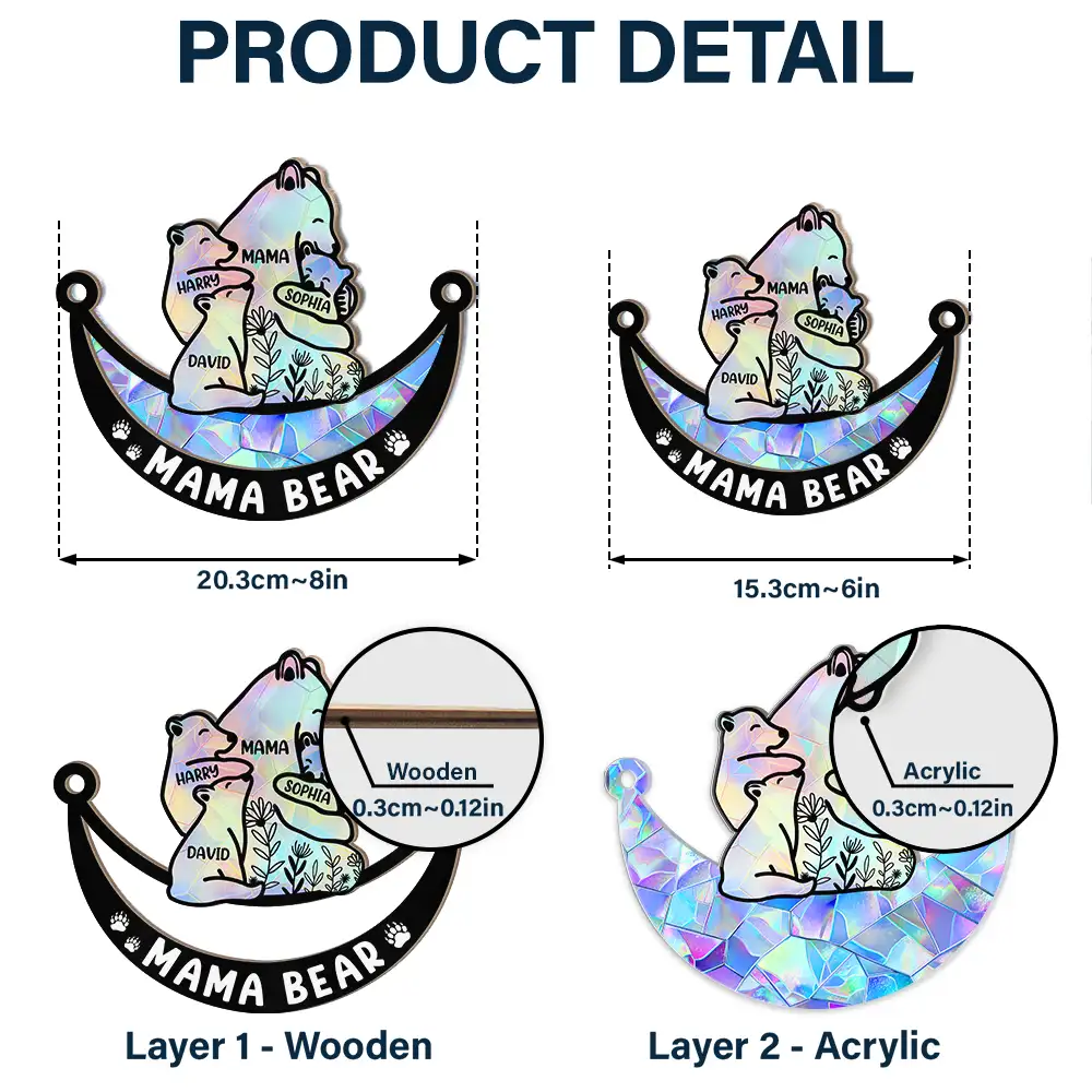 Mama Bear We Love You To The Moon & Back - Personalized Window Hanging Suncatcher Ornament - Image 5