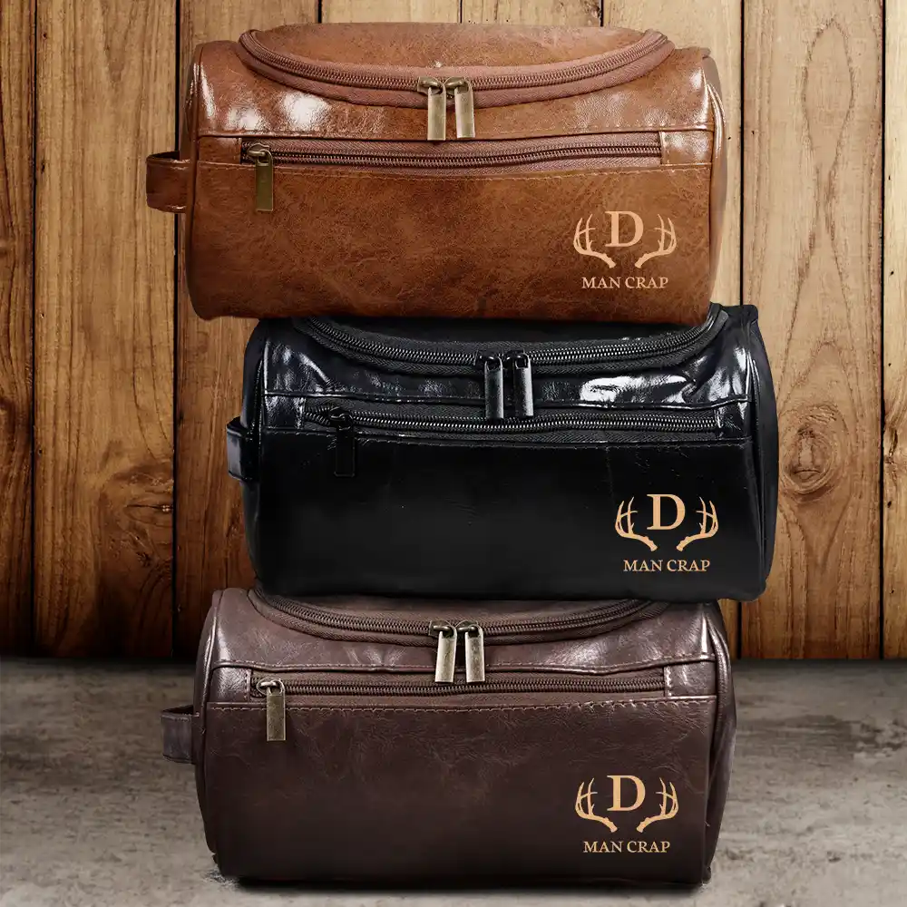 Man Crap Man Stuff Monogram - Personalized Leather Toiletry Bag - Image 2