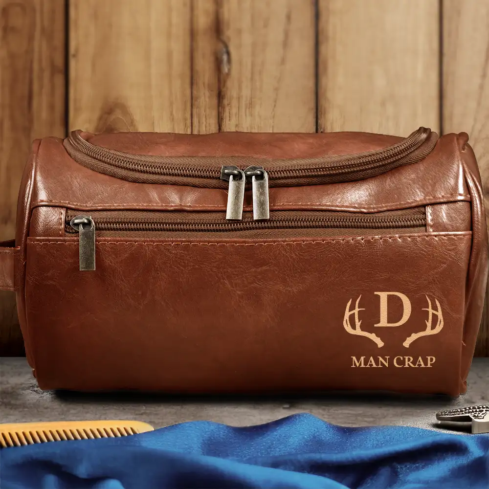 Man Crap Man Stuff Monogram - Personalized Leather Toiletry Bag - Image 3