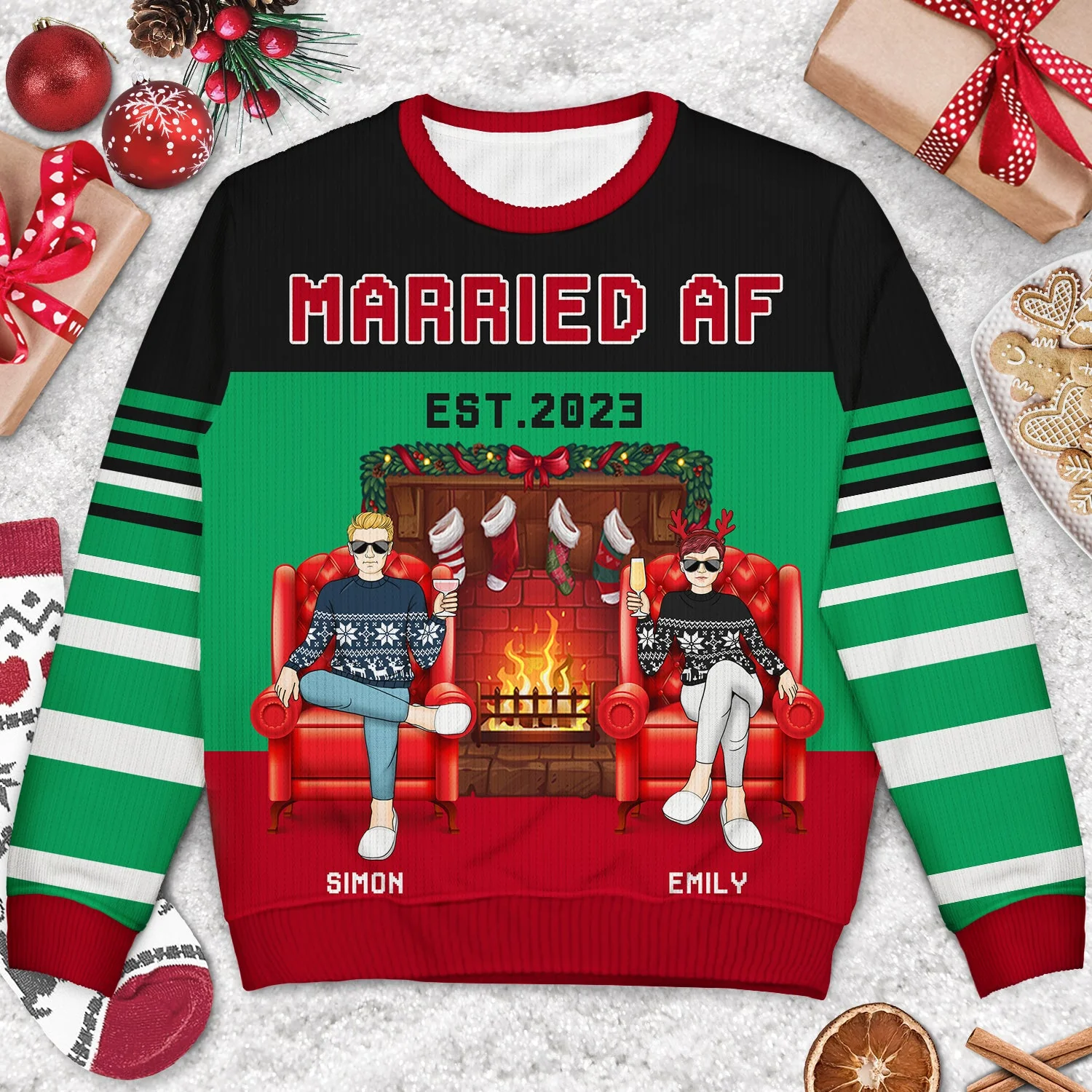 Married AF - Christmas Gift For Couples - Personalized Unisex Ugly Sweater - Image 3