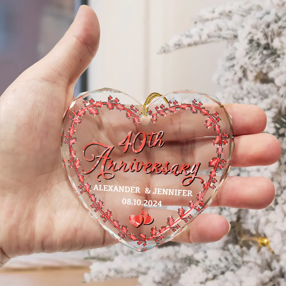 Married Couple Wedding Anniversary Milestones - 3D Precious Stone And Metal Effect Printed, Personalized Heart Shaped Glass Ornament - Image 3