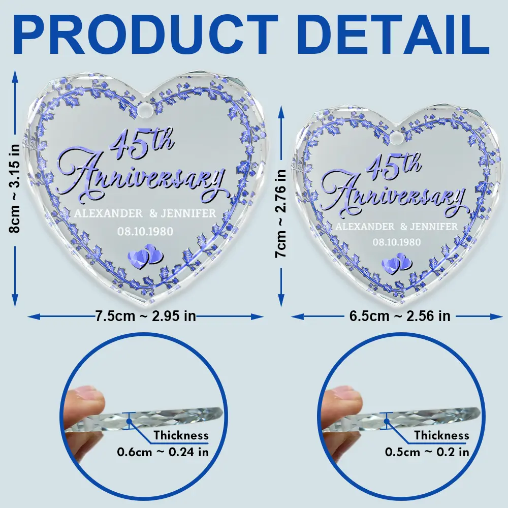 Married Couple Wedding Anniversary Milestones - 3D Precious Stone And Metal Effect Printed, Personalized Heart Shaped Glass Ornament - Image 5
