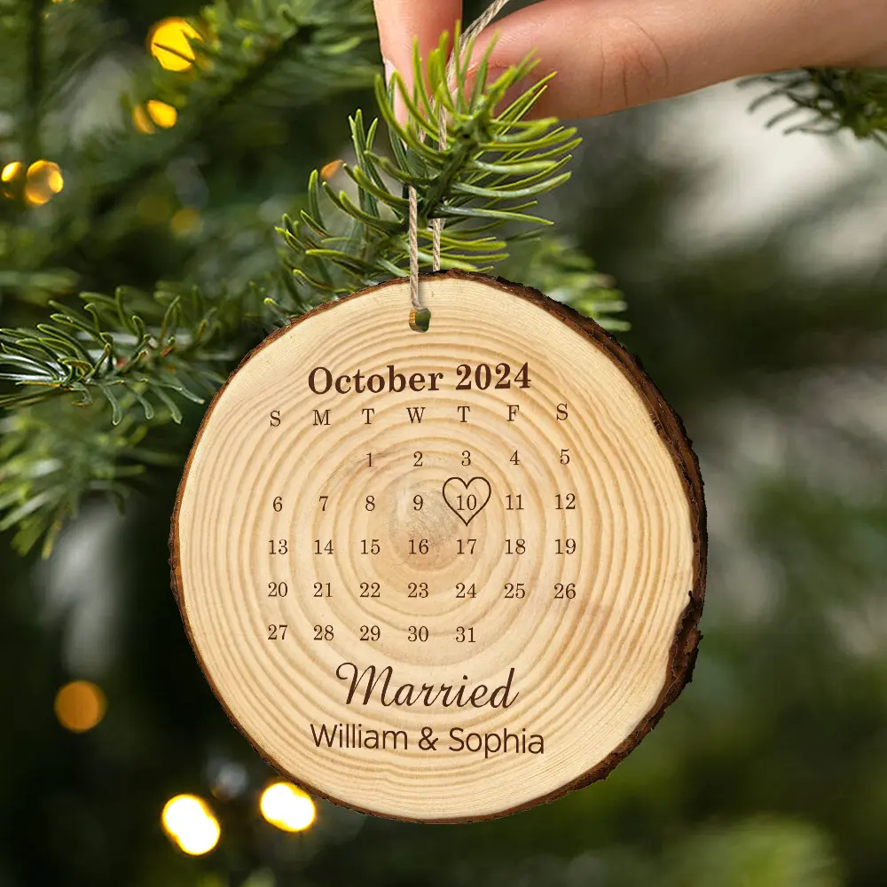 Married Engaged Anniversary Calendar Christmas Couple - Personalized Wood Slice Ornament - Image 2