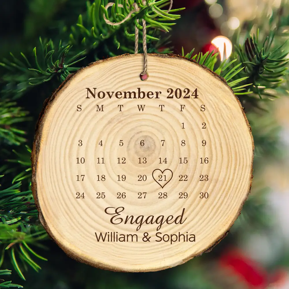 Married Engaged Anniversary Calendar Christmas Couple - Personalized Wood Slice Ornament - Image 3