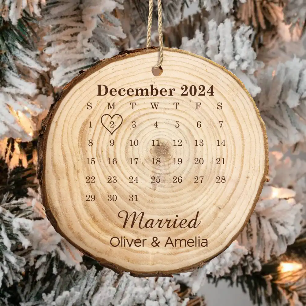 Married Engaged Anniversary Calendar Christmas Couple - Personalized Wood Slice Ornament - Image 4