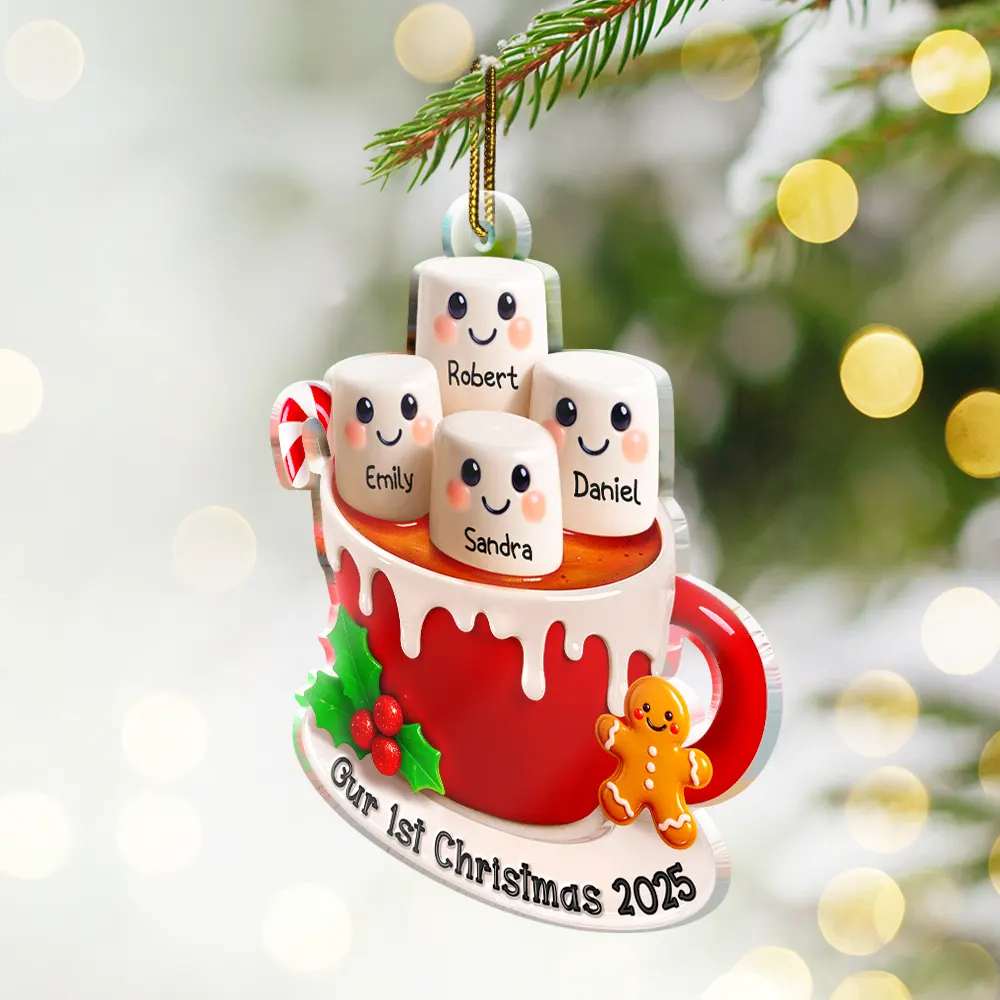 Marshmallow Christmas Hot Cocoa Couple New Married Family - Personalized Custom Shaped Acrylic Ornament - Image 2