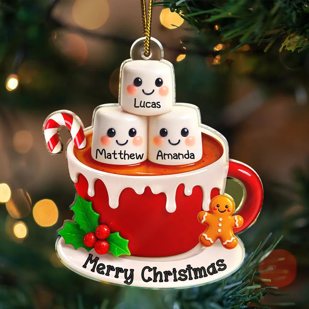 Marshmallow Christmas Hot Cocoa Couple New Married Family - Personalized Custom Shaped Acrylic Ornament - Image 3