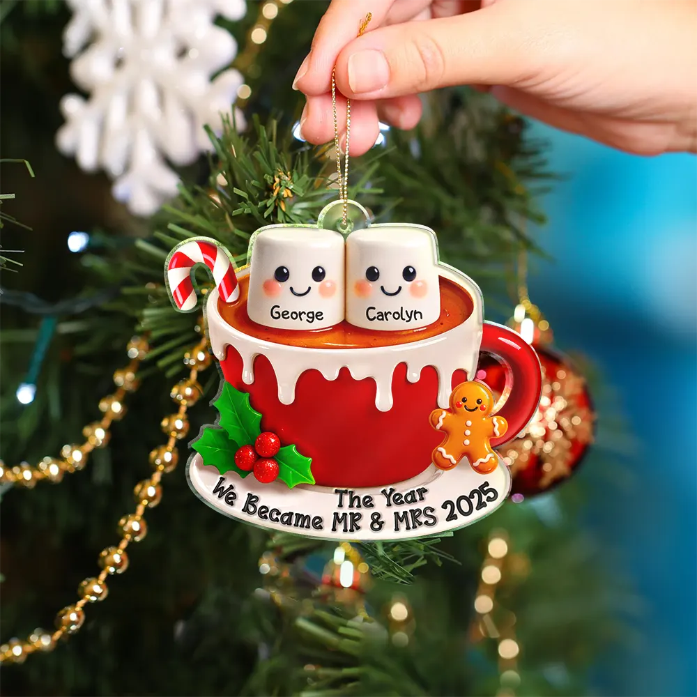 Marshmallow Christmas Hot Cocoa Couple New Married Family - Personalized Custom Shaped Acrylic Ornament - Image 4