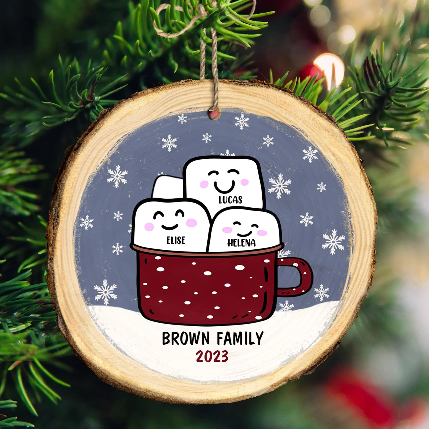 Marshmallow Hot Cocoa Cup - Christmas Gift For Family - Personalized Wood Slice Ornament - Image 3