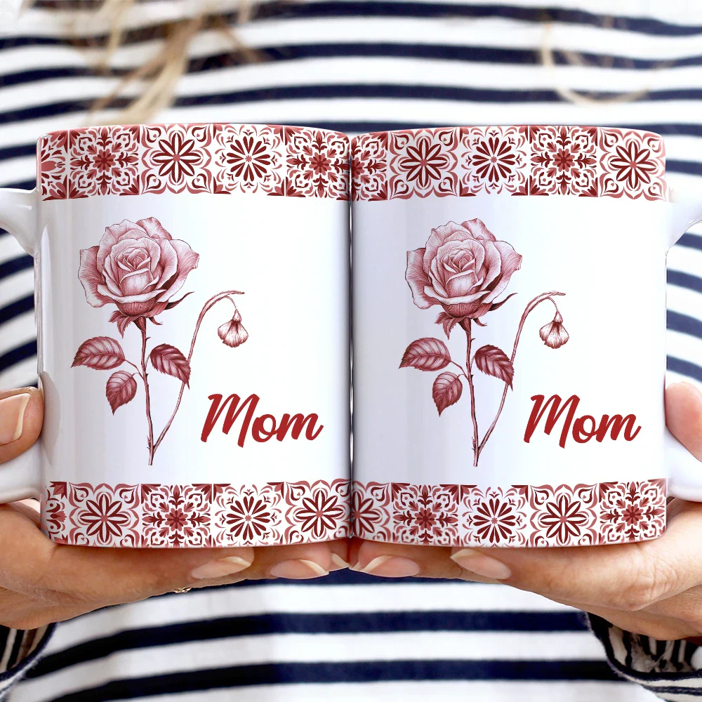 Mediterranean Pattern With Birth Month Flower - Personalized White Edge-to-Edge Mug - Image 2
