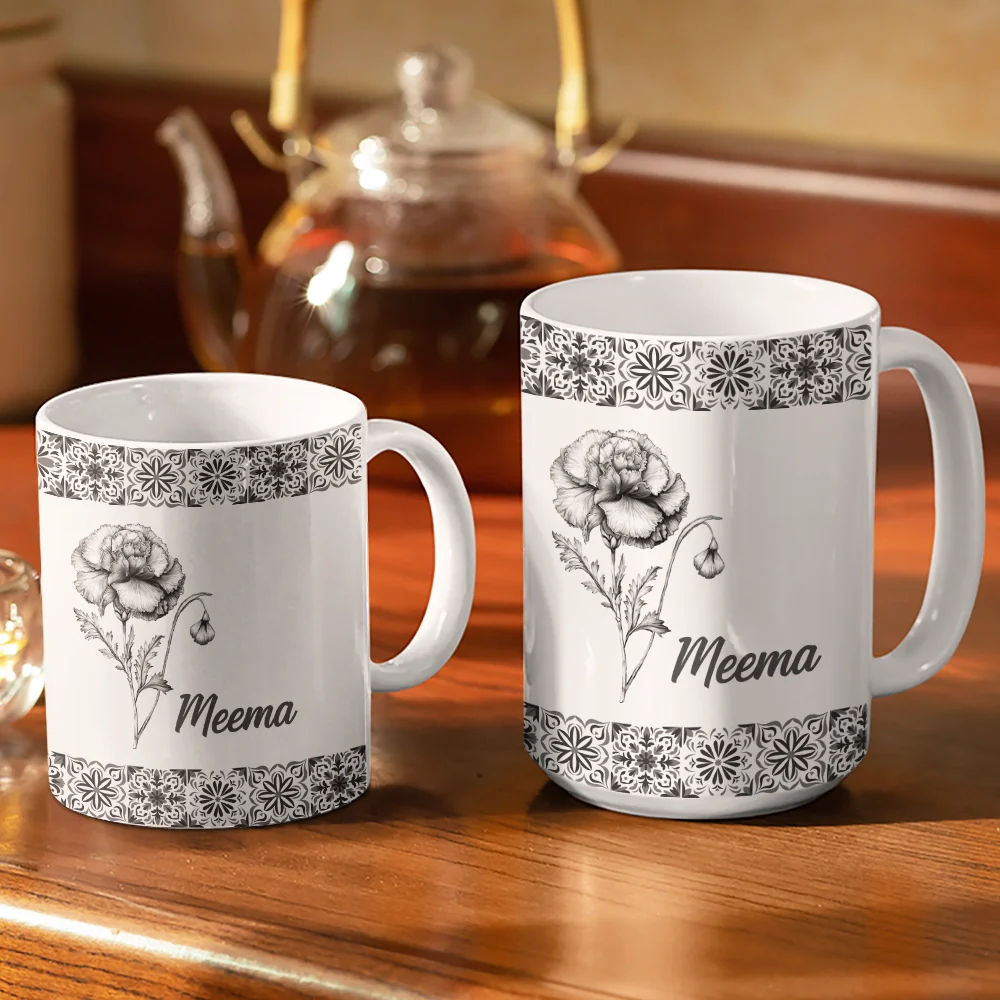 Mediterranean Pattern With Birth Month Flower - Personalized White Edge-to-Edge Mug - Image 3