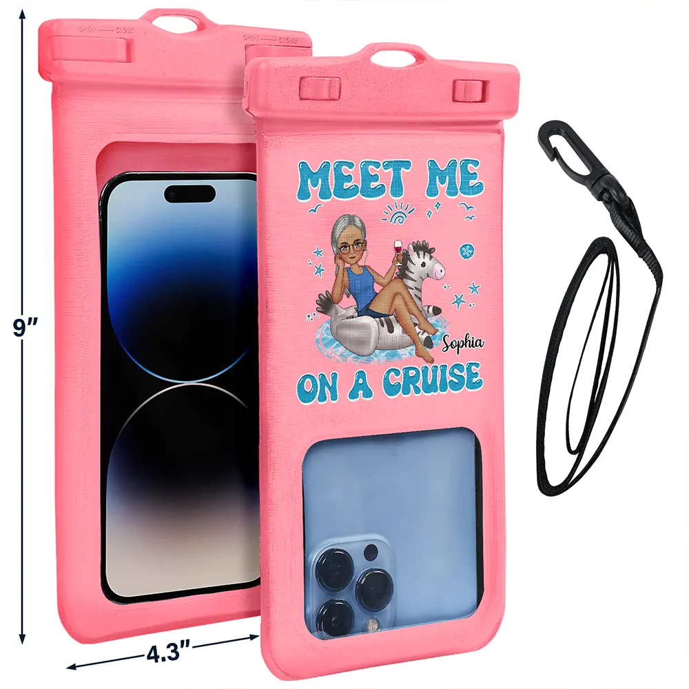 Meet Me At The Beach Cartoon Girl On Float - Personalized Waterproof Phone Pouch - Image 3