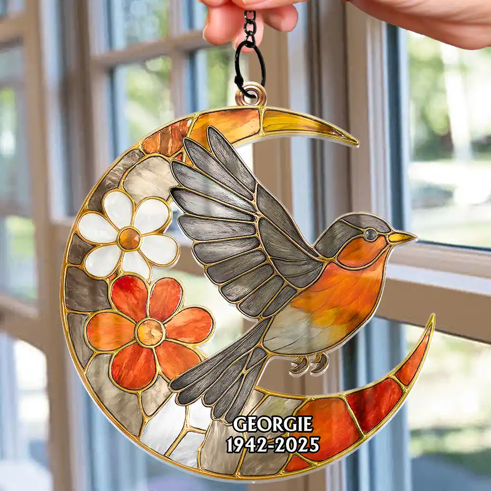 Memorial Cardinal Bird Garden Pollinator Stained Glass Effect Moon - Personalized Window Hanging Suncatcher Ornament - Image 2
