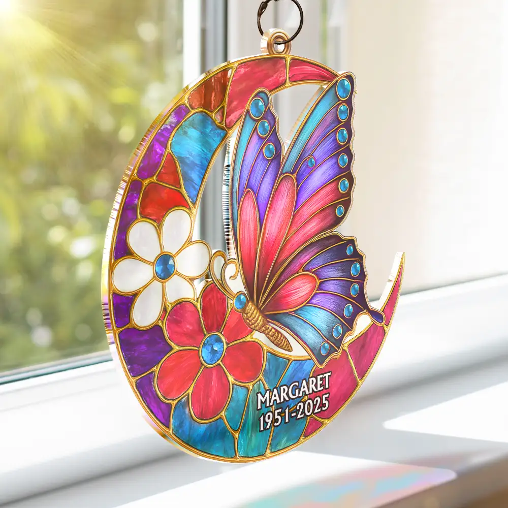 Memorial Cardinal Bird Garden Pollinator Stained Glass Effect Moon - Personalized Window Hanging Suncatcher Ornament - Image 3