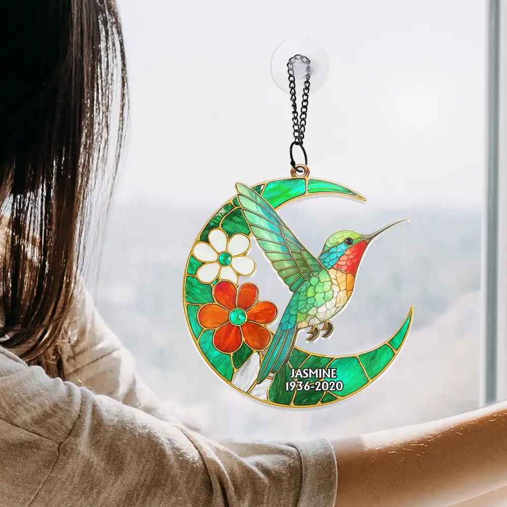 Memorial Cardinal Bird Garden Pollinator Stained Glass Effect Moon - Personalized Window Hanging Suncatcher Ornament - Image 4