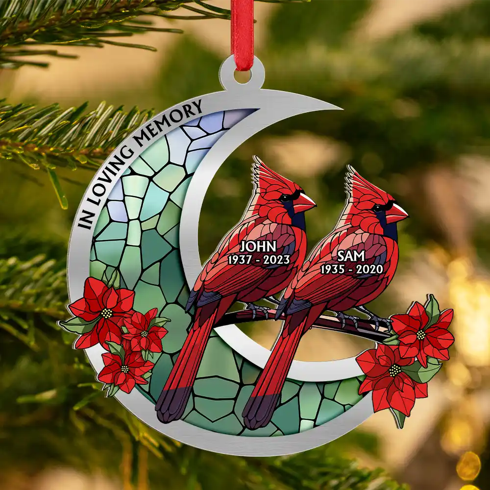 Memorial Cardinal Stained Glass Moon - Personalized Metal Ornament - Image 3