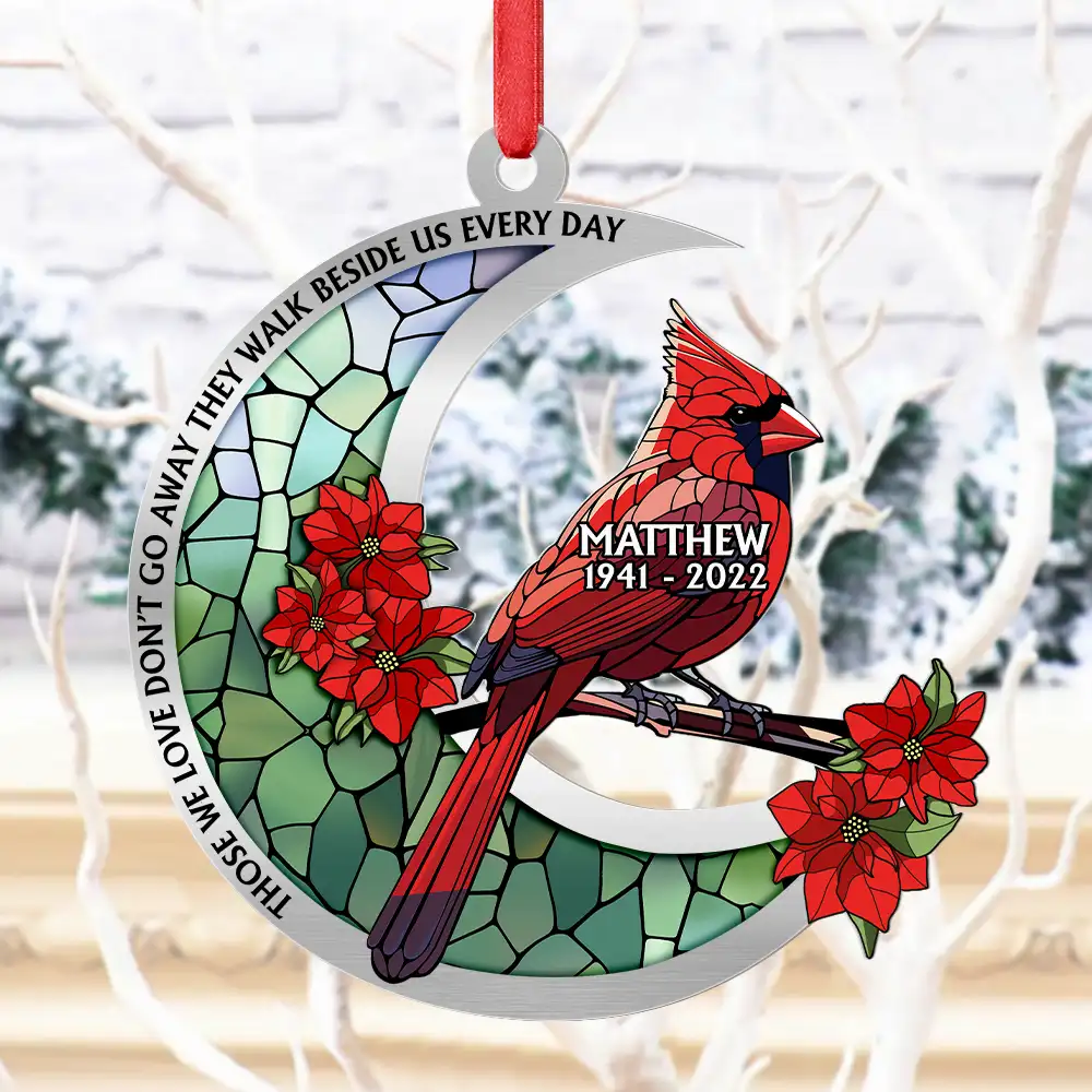 Memorial Cardinal Stained Glass Moon - Personalized Metal Ornament - Image 4
