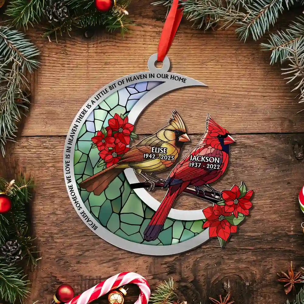 Memorial Cardinal Stained Glass Moon - Personalized Metal Ornament - Image 5