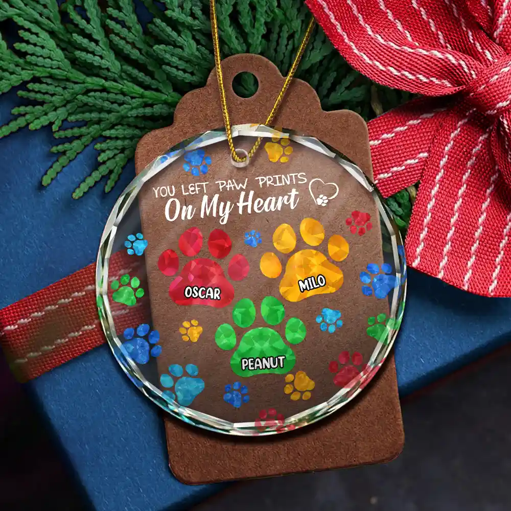 Memorial Cat Dog You Left Paw Prints On My Heart - Personalized Circle Glass Ornament - Image 5