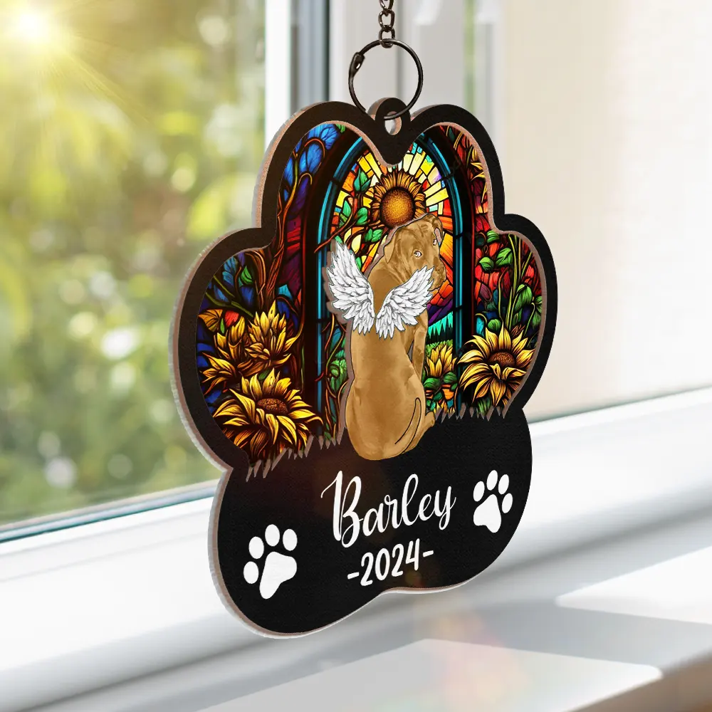Memorial Dog Cat Sunflower - Personalized Window Hanging Suncatcher Ornament - Image 3