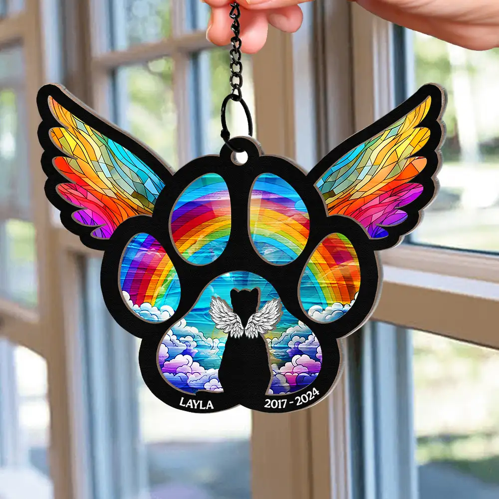 Memorial Dog Cat Waiting At The Rainbow Bridge - Personalized Window Hanging Suncatcher Ornament - Image 2