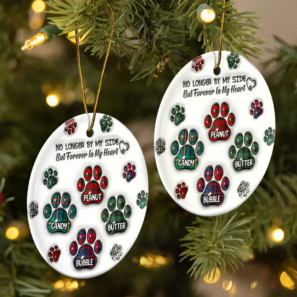 Memorial Dog Cat You Left Paw Prints On My Heart - 3D Inflated Effect Printed Ornament, Personalized Circle Ceramic Ornament - Image 2