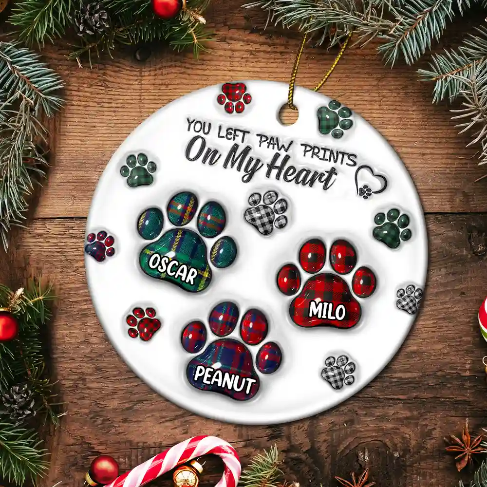 Memorial Dog Cat You Left Paw Prints On My Heart - 3D Inflated Effect Printed Ornament, Personalized Circle Ceramic Ornament - Image 5
