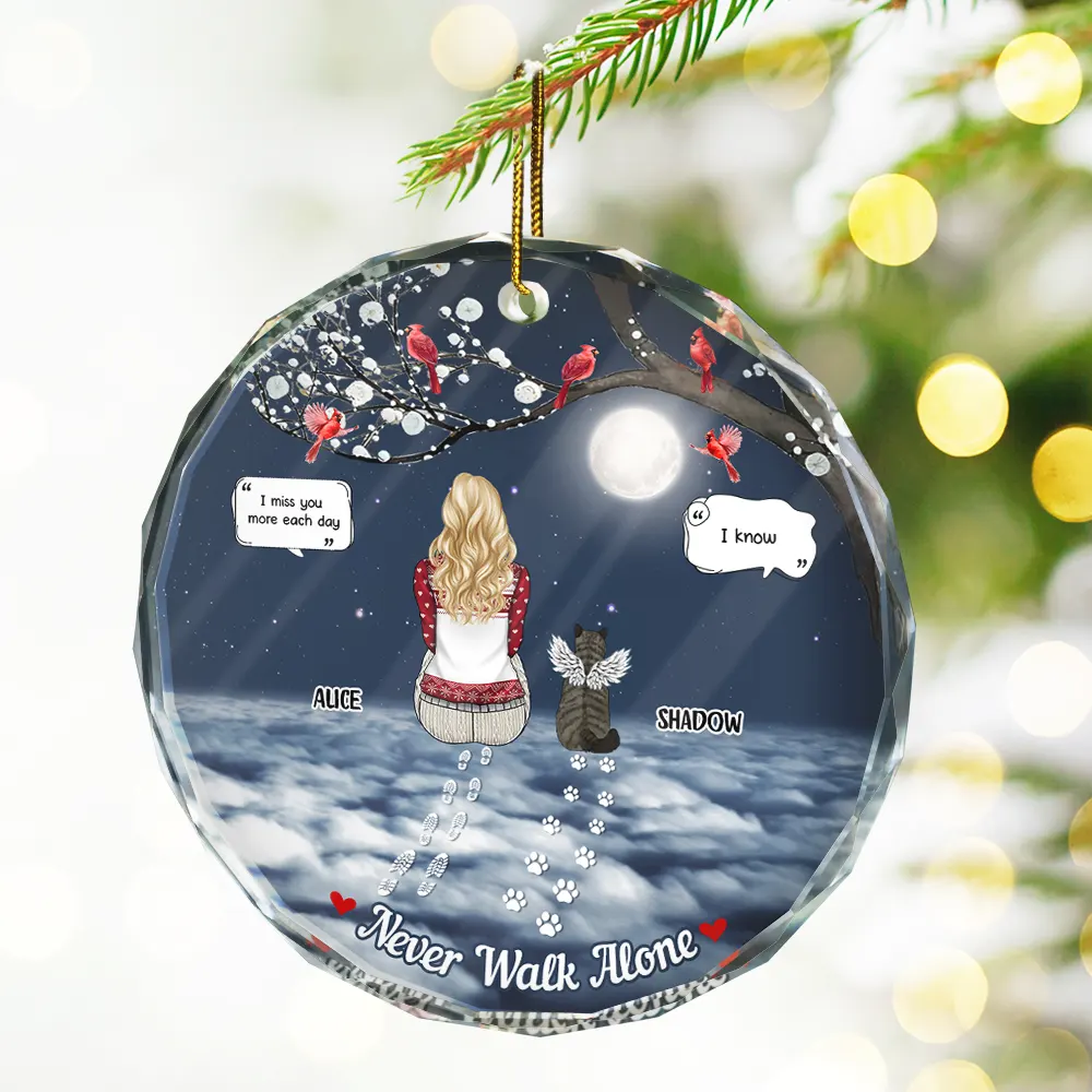 Memorial Dog Cat You Never Walk Alone - Personalized Circle Glass Ornament - Image 2