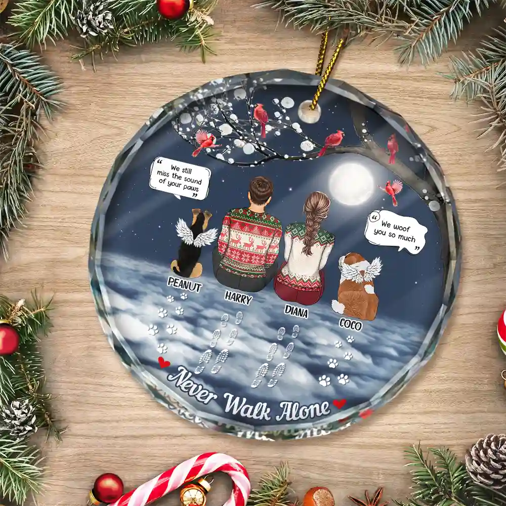 Memorial Dog Cat You Never Walk Alone - Personalized Circle Glass Ornament - Image 3