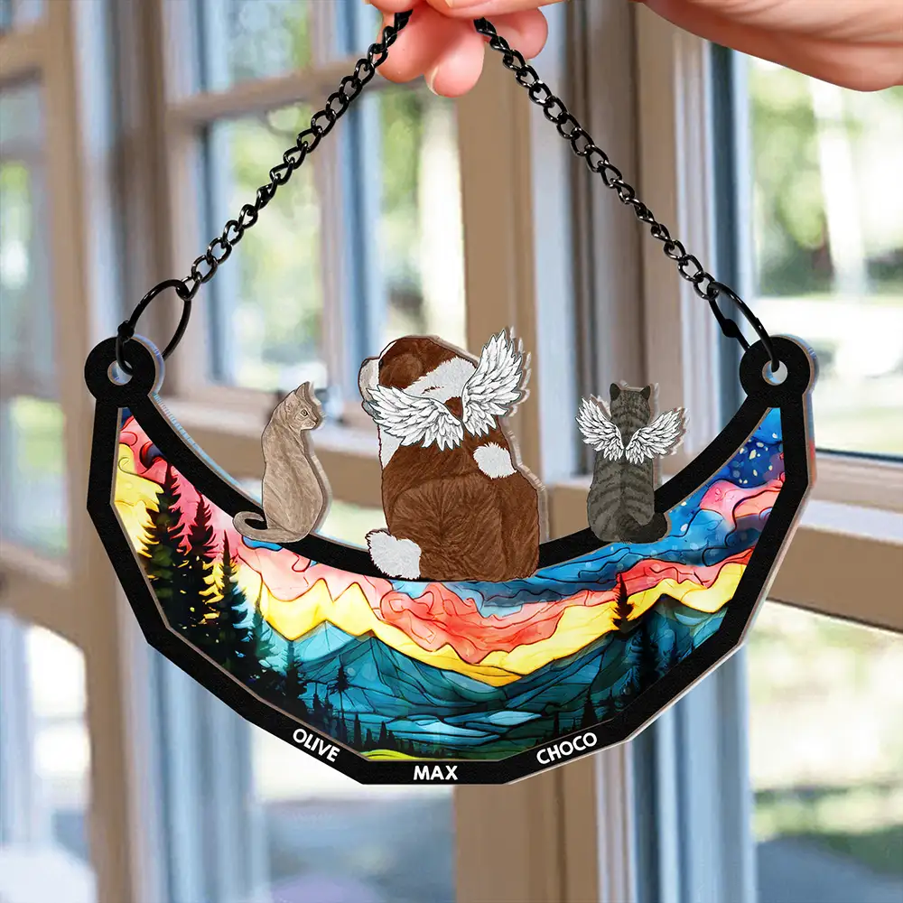 Memorial Dogs Cats Sitting On The Moon - Personalized Window Hanging Suncatcher Ornament - Image 2