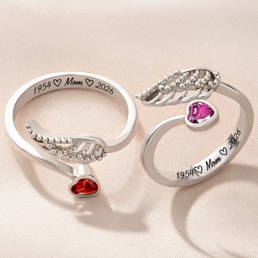 Memorial Family Mom Dad With Name & Year - Personalized Wing And Heart Birthstone Ring - Image 2