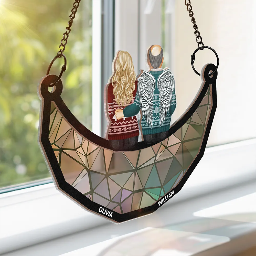 Memorial Family Sitting On The Moon - Personalized Window Hanging Suncatcher Ornament - Image 3