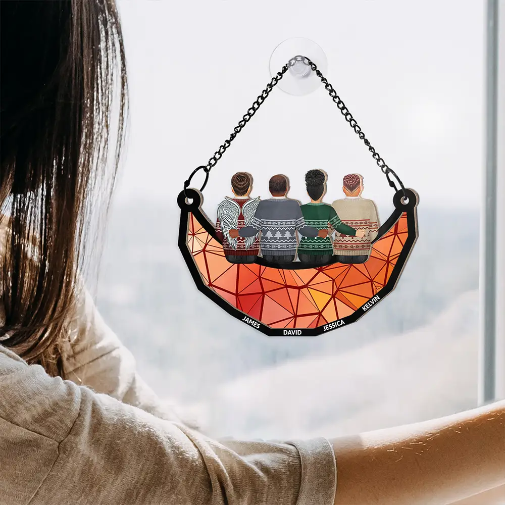 Memorial Family Sitting On The Moon - Personalized Window Hanging Suncatcher Ornament - Image 4