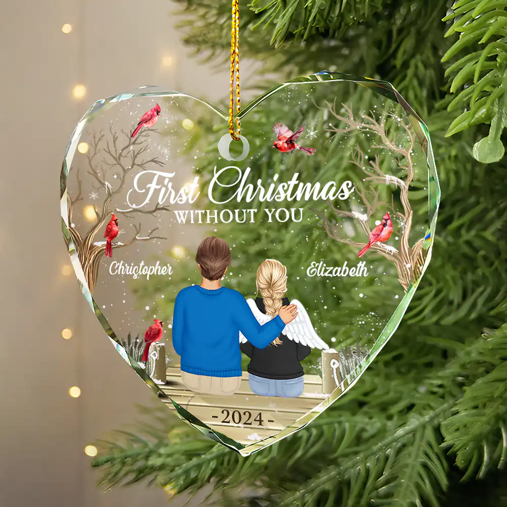 First Christmas Without You Memorial - Personalized Heart Shaped Glass Ornament - Image 2
