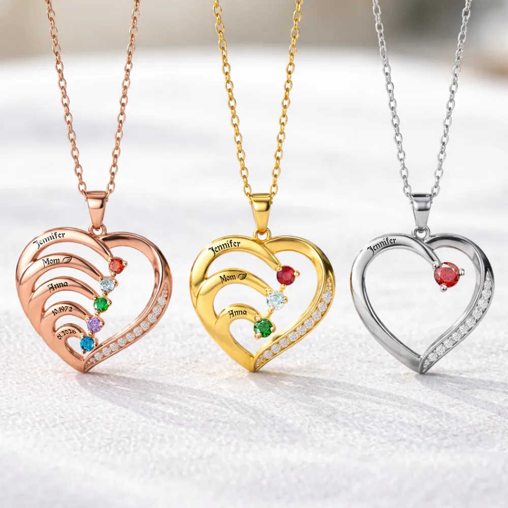 Memorial Mom Dad With Kids Name Gemstones - Personalized Birthstone Heart Necklace - Image 2