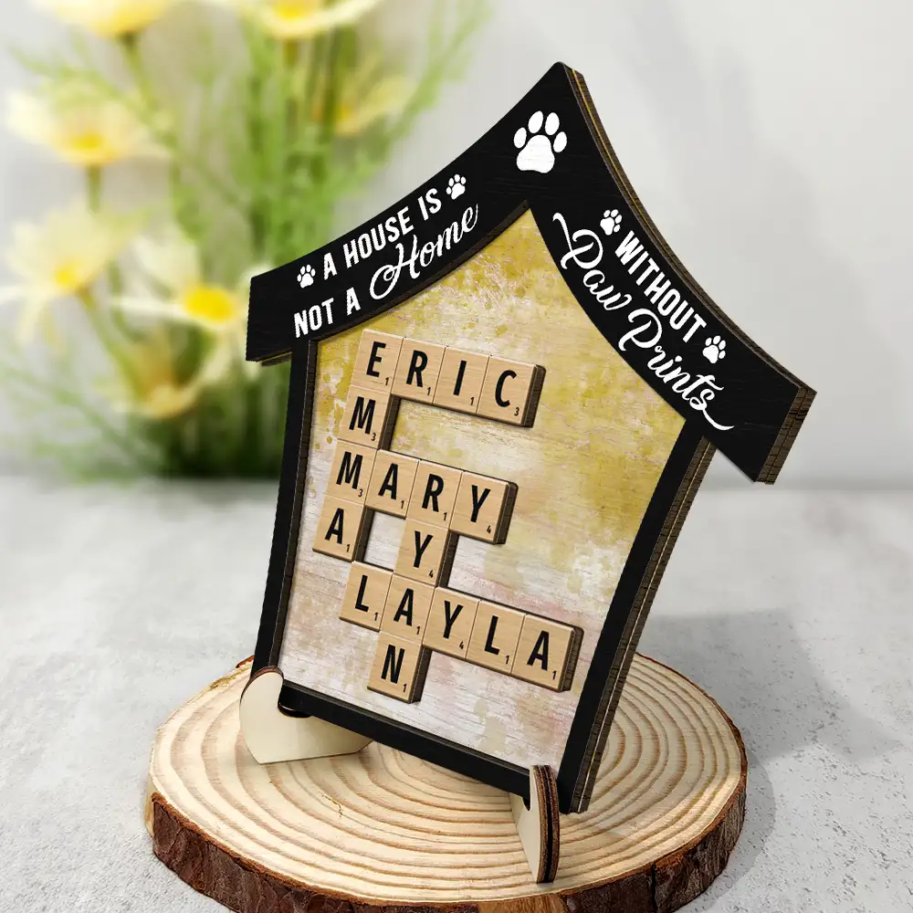 Memorial Our House Is Not The Same Without Dog Cat Paw Prints Crossword Scrabble - Personalized 2-Layered Wooden Plaque With Stand - Image 3