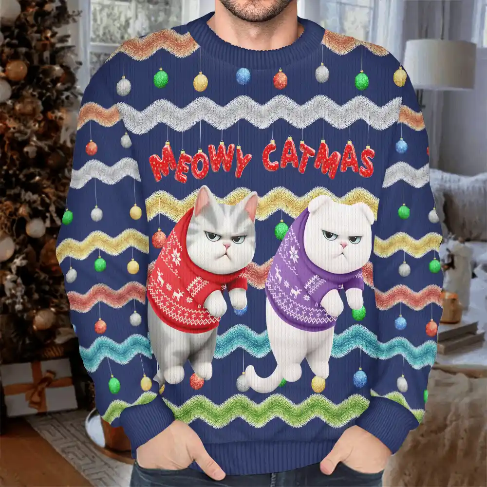 Meowy Catmas 3D Effect Hanging Cat Fun Tinsel - Personalized Unisex Ugly Sweater - Image 3