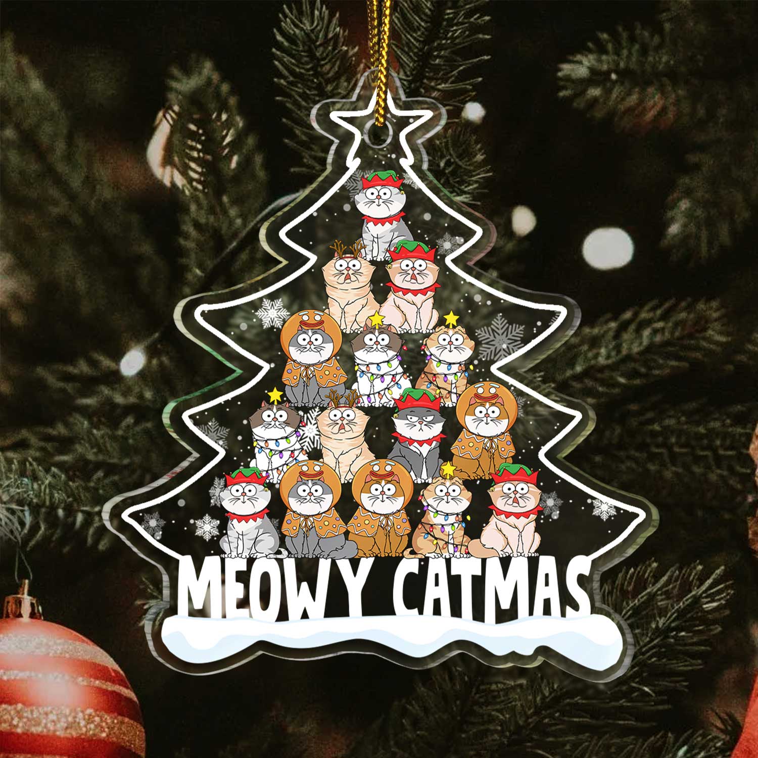 Meowy Catmas Cartoon Style - Christmas Gift For Cat Lovers - Personalized Custom Shaped Acrylic Ornament - Image 3