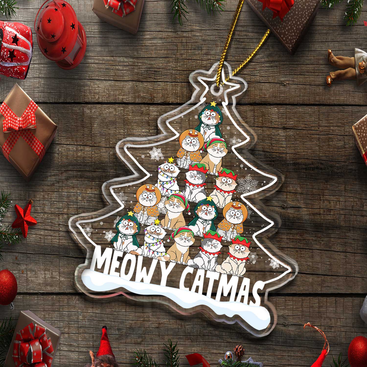 Meowy Catmas Cartoon Style - Christmas Gift For Cat Lovers - Personalized Custom Shaped Acrylic Ornament - Image 5