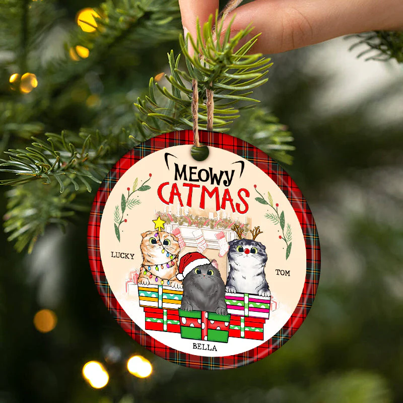 Meowy Catmas - Christmas Gift For Cat Lovers - Personalized Custom Circle Ceramic Ornament - Image 3