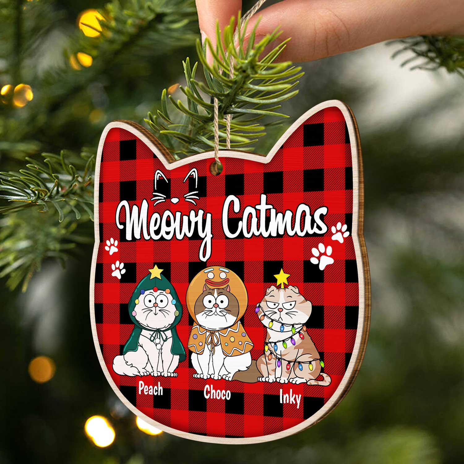 Meowy Catmas - Christmas Gift For Cat Lovers - Personalized Custom Shaped Wooden Ornament - Image 2