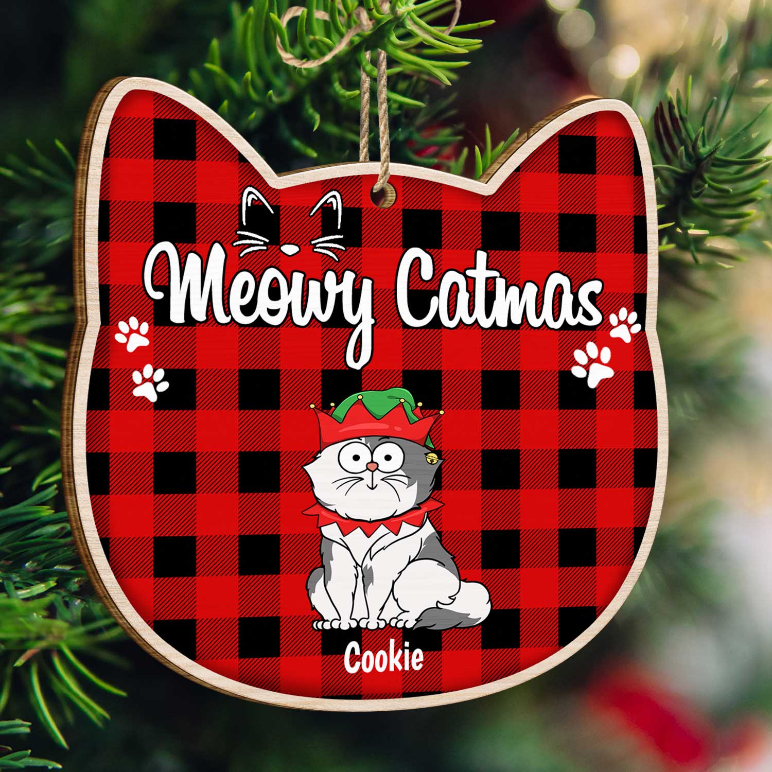Meowy Catmas - Christmas Gift For Cat Lovers - Personalized Custom Shaped Wooden Ornament - Image 3