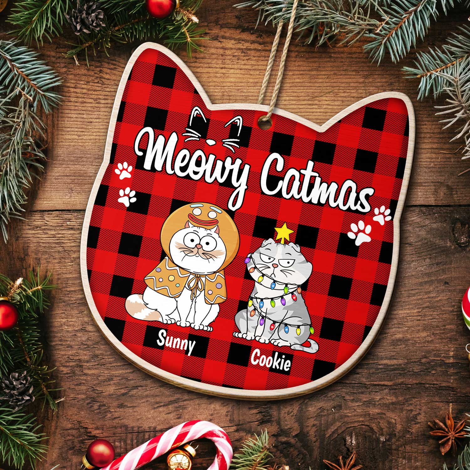 Meowy Catmas - Christmas Gift For Cat Lovers - Personalized Custom Shaped Wooden Ornament - Image 5