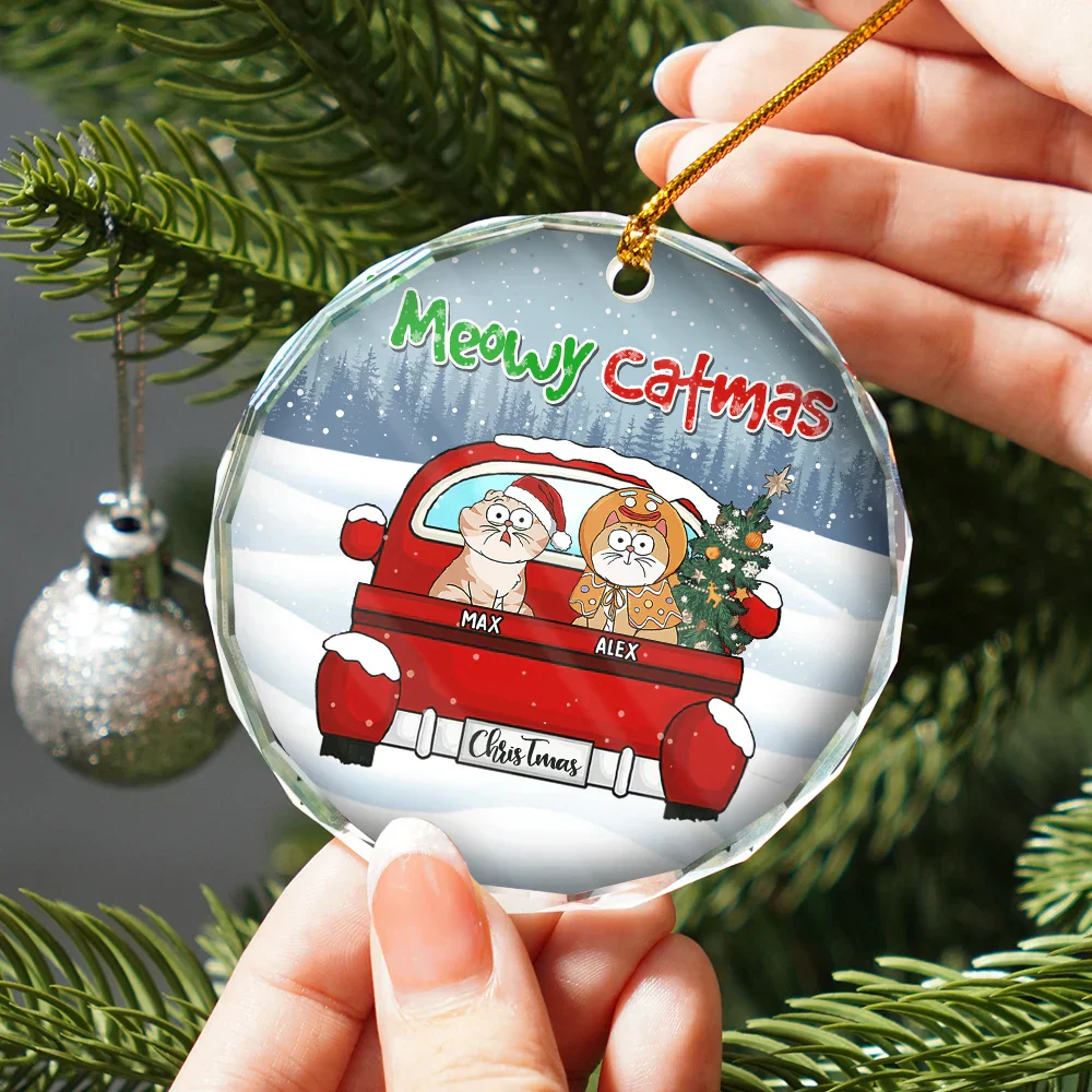 Meowy Catmas Christmas - Personalized Circle Glass Ornament - Image 2