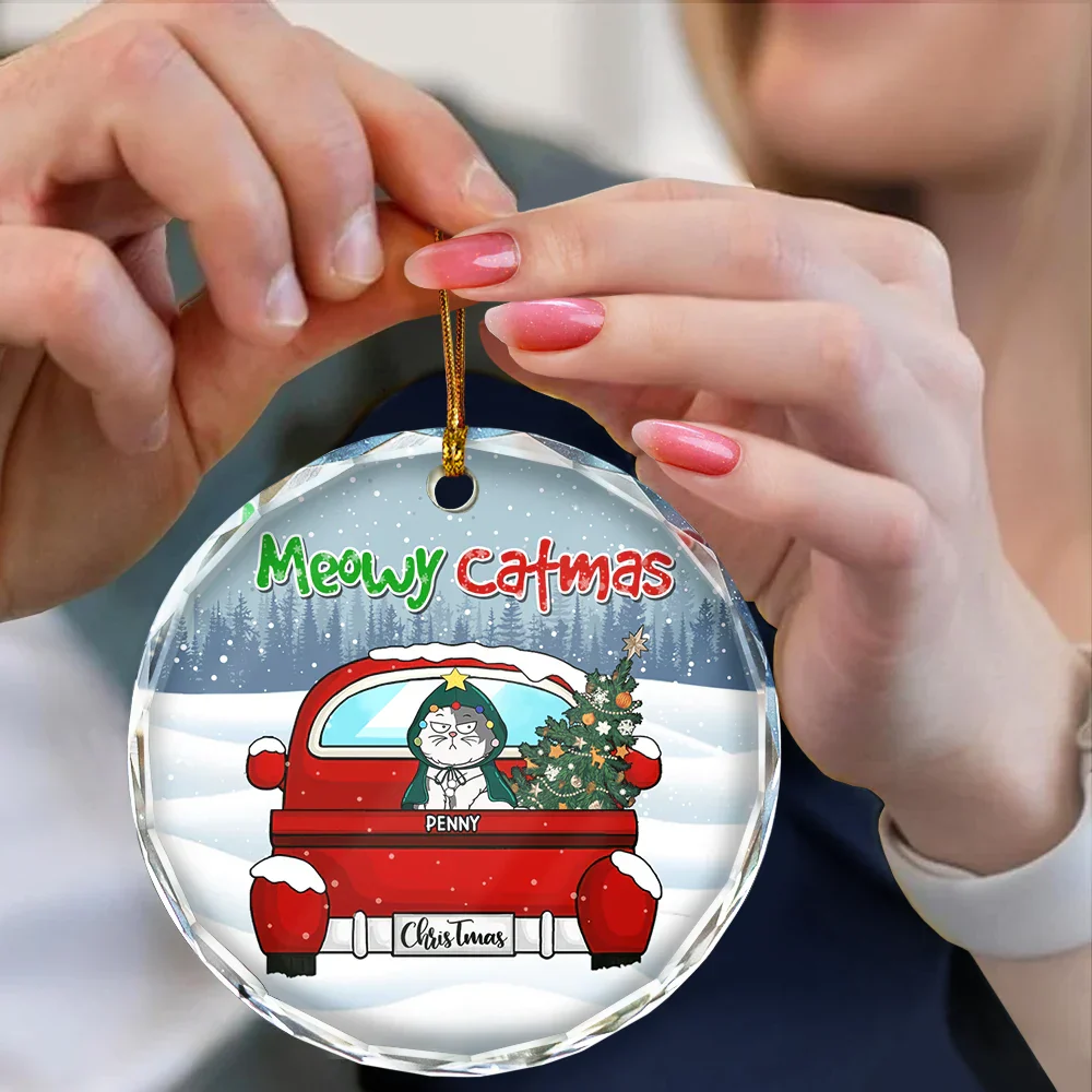 Meowy Catmas Christmas - Personalized Circle Glass Ornament - Image 4