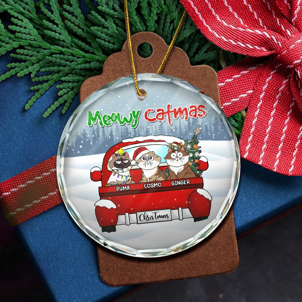 Meowy Catmas Christmas - Personalized Circle Glass Ornament - Image 5