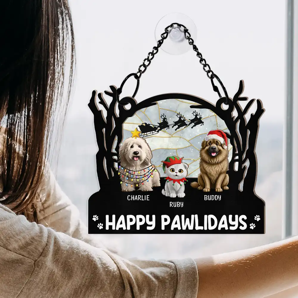 Meowy Catmas Christmas Pet Lovers - Personalized Window Hanging Suncatcher Ornament - Image 4