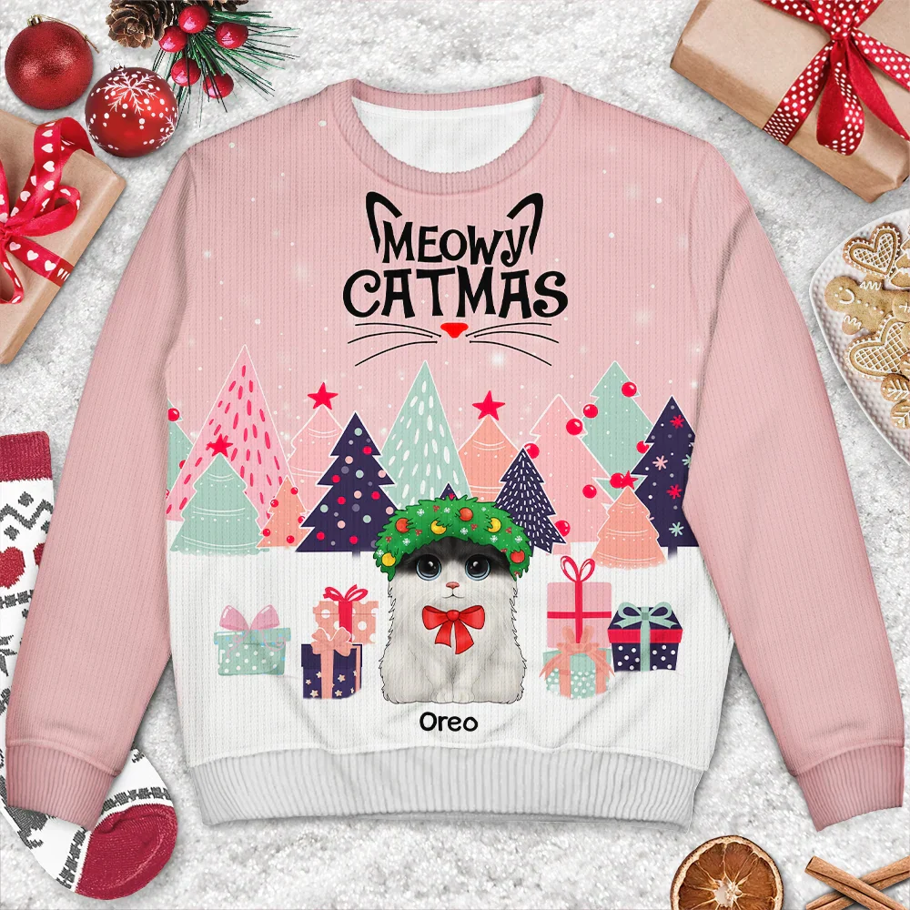 Meowy Catmas Cute Cats With Big Eyes - Personalized Unisex Ugly Sweater - Image 3